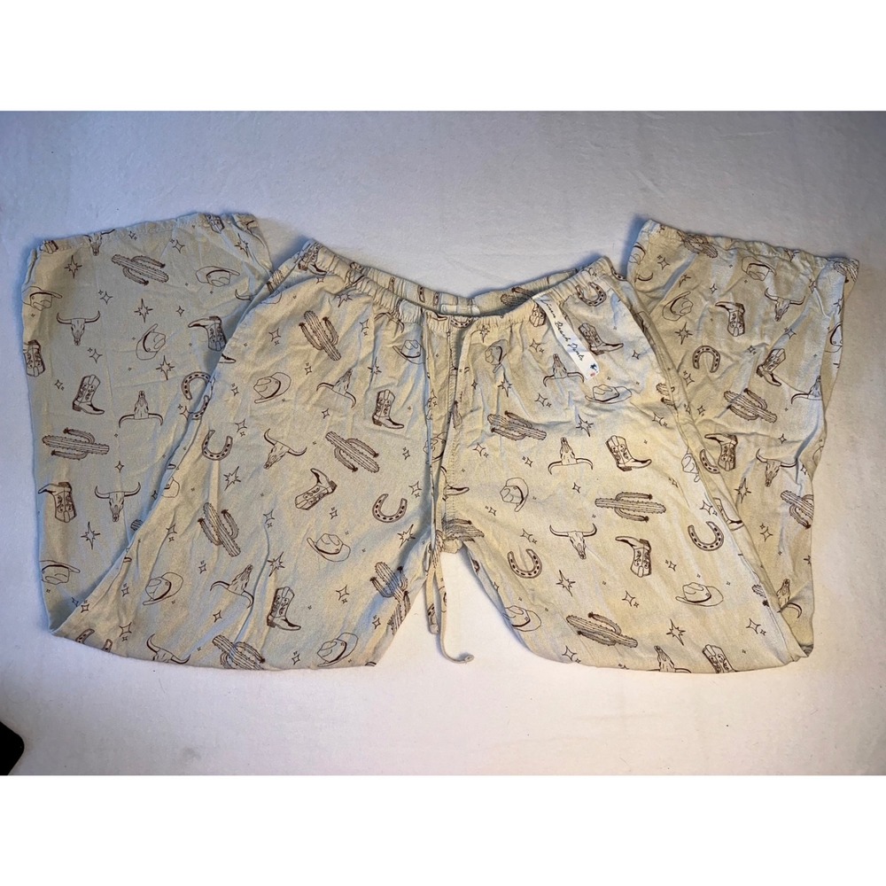 Cali 1850 Western Print Linen Blend Beach Pants Cream Brown Large